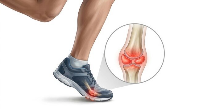 Runner's foot and knee joints showing inflammation and pain during exercise