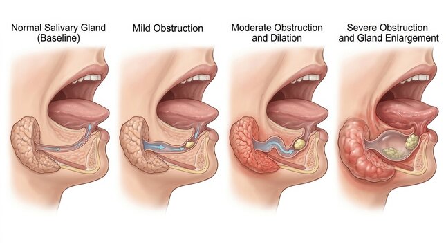 Illustration showing progression of salivary gland obstruction and dilation