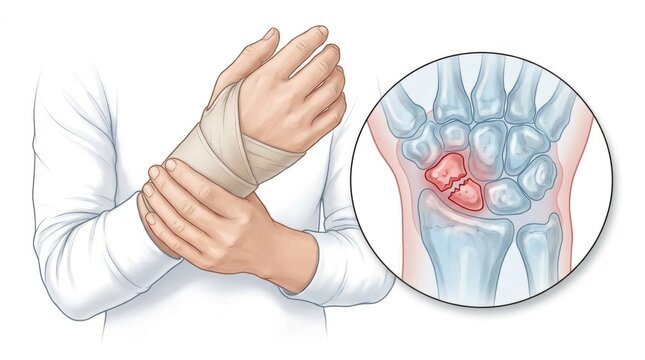 Illustration of a fractured wrist bone with bandage and anatomical detail