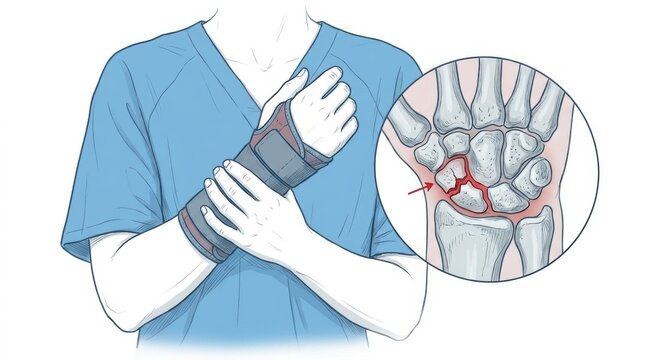 Illustration of a fractured wrist bone with a brace and detailed anatomical view