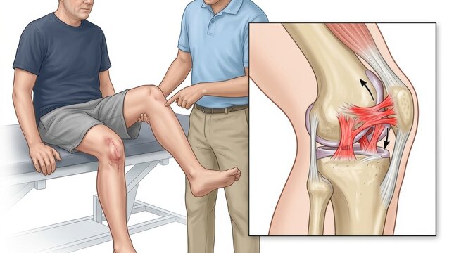 Doctor examines patient's knee with detailed anatomical illustration of ligaments