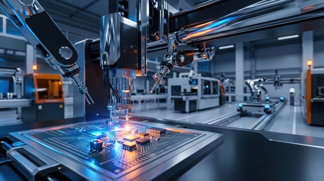 Robotic arms assembling circuit boards in advanced electronics manufacturing facility
