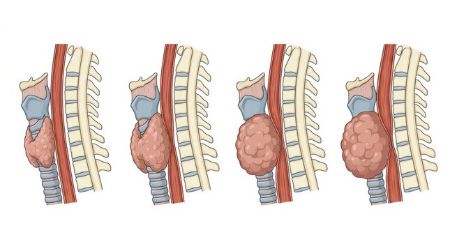 Illustration showing the progression of thyroid gland enlargement and goiter development