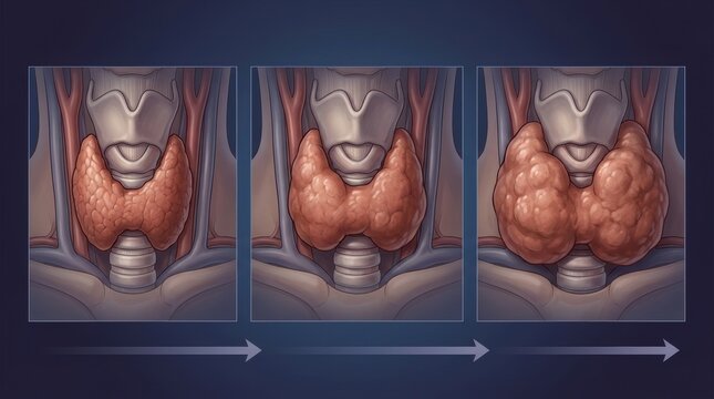 Progression of thyroid gland enlargement and nodule formation in the neck