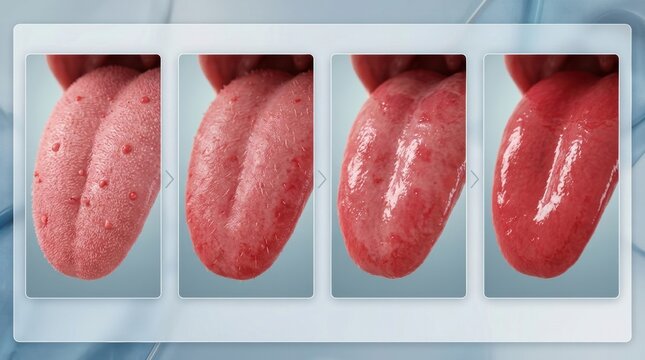 Progression of tongue inflammation and healing stages shown side-by-side