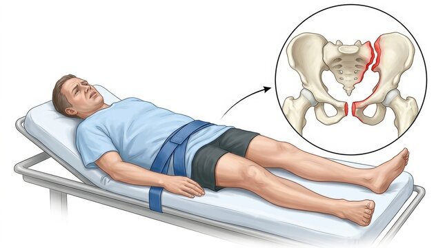 Patient with pelvic fracture lying on a medical bed with detailed illustration