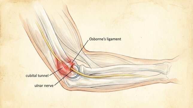 Anatomical illustration of the ulnar nerve within the cubital tunnel at the elbow
