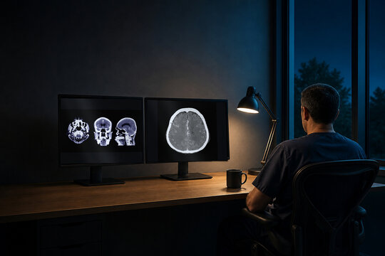 Generative AI clinical stock scene of an on-call radiologist reviewing brain MRI images on a home teleradiology workstation late at night.