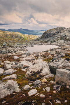 Scenic view of mountain wilderness near Tyinholmen lake, Jotunheimen, Norway
