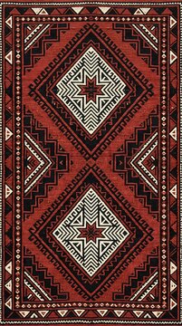 Traditional caucasian kilim rug with geometric patterns in red, black, and white