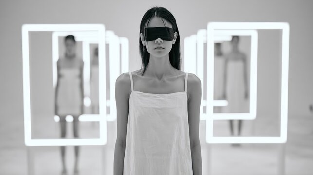 Futuristic Vision: Woman with VR Glasses in Minimalist Monochrome Art Installation