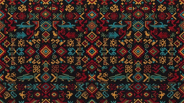 Seamless ethnic pattern with traditional tribal motifs, crocodiles, and birds in vibrant colors