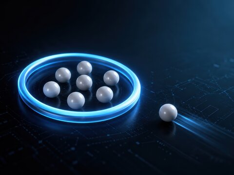 Antitrust concept with white spheres escaping a glowing blue ring