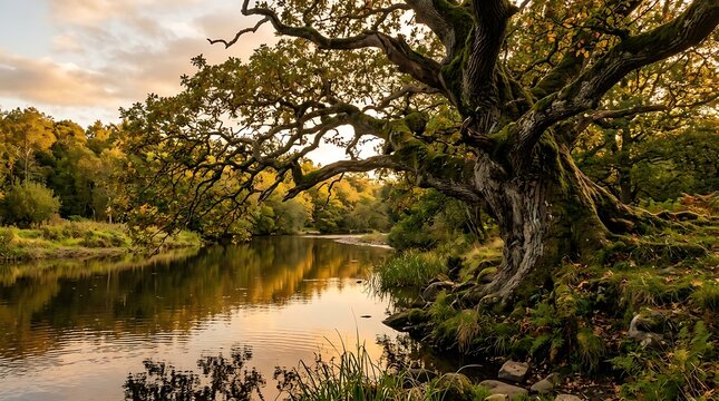 Large old oak tree by the river in a peaceful autumn park