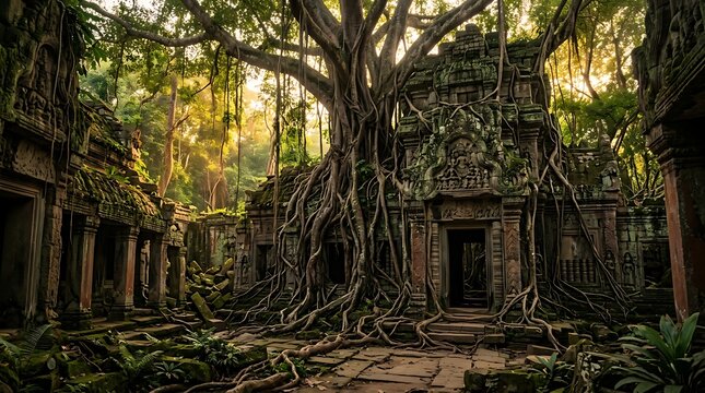 Ancient stone temple ruins covered by large tree roots