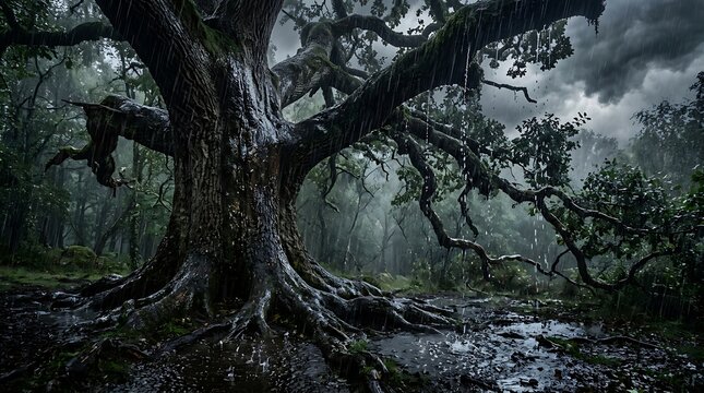 Large old banyan tree in a dark mysterious forest