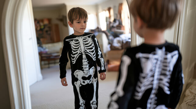 Kids in Halloween costumes with pumpkins and holiday treats. Young boy in skeleton costume stands in front of mirror, reflecting playful Halloween spirit in home setting