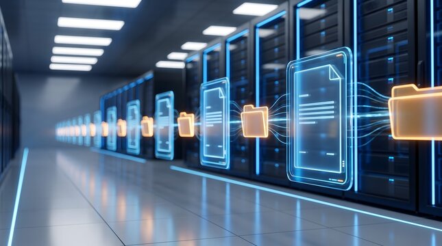 Floating glowing documents and orange folders aligned across data center servers. Concept of database migration, cloud backup protocol, and digital asset management.