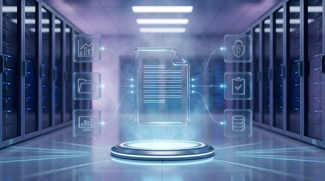 Transparent glowing document on circular ring podium in server aisle with application icons. Concept of electronic workflow automation, enterprise resource planning, and IT infrastructure.