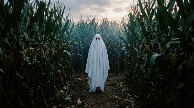 A mysterious figure dressed in a white ghost sheet standing in the middle of a dark corn field