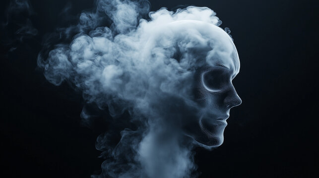 Ai figure of a human head is created using sigarette smoke swirling against a dark backdrop. This represents thoughts and emotions in relation to mental health.