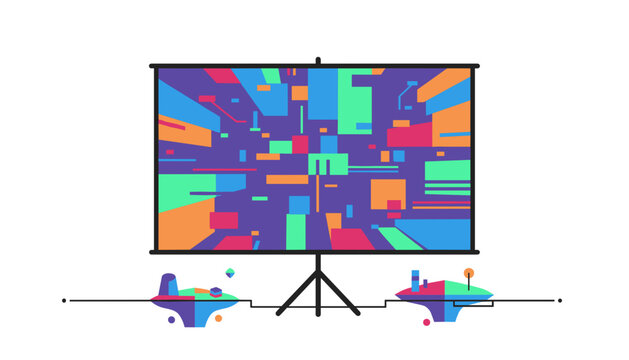 Presentation projector screen displaying dynamic colorful abstract geometric digital patterns on a white background.