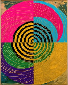Vibrant geometric abstract painting with a central swirling spiral in black and yellow, surrounded by bold pink, blue, green, and gold quadrants with textured brushstrokes