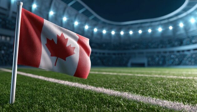 Canadian flag waving on a pole near a sports field at night under stadium lights