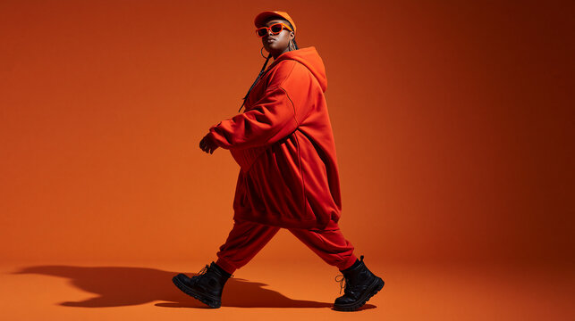 Stylish Plus Size Black Woman Striding in Orange Streetwear