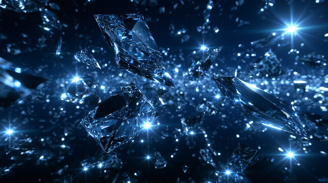 Shattered Blue Crystals and Diamonds Floating in Dark Space