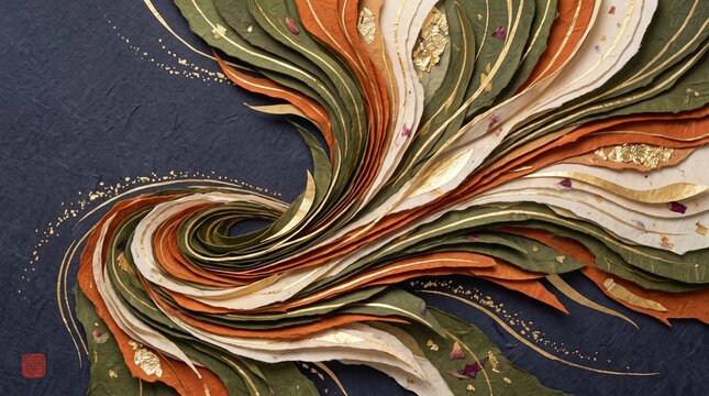 Abstract Layered Paper Wave Art with Gold Leaf Accent