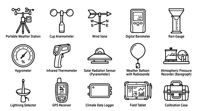 Meteorological weather station icons, 15 professional climate measurement tools, scientific forecasting equipment vector set