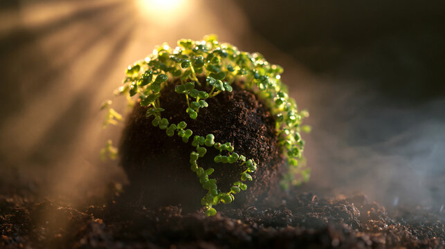 Soil Globe Covered in Green Sprouts Representing Planet Earth