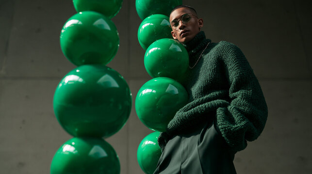 Stylish Male Model in Green Knitwear Posing Near Abstract Art