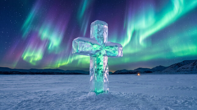 Glowing Ice Cross Under Northern Lights at Night