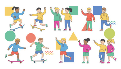 Fototapeta premium Happy group of energetic children skateboarding, greeting each other, and walking together in casual outfits.