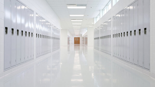 Clean Empty School Corridor Lined with Lockers