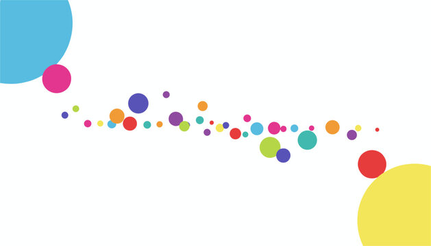 Dynamic abstract background of colorful circles in multiple sizes flowing diagonally across plain white space.
