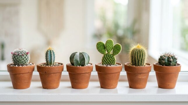 A row of various small green cactus plants in terracotta pots sitting on a bright sunny windowsill
