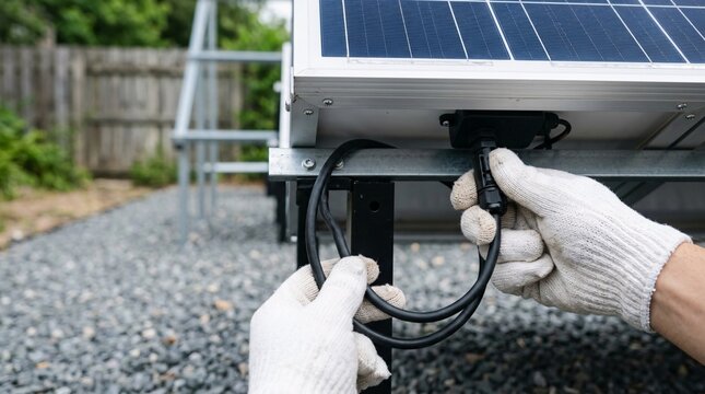 Close-up of a worker's gloved hands connecting a black waterproof MC4 electrical cable plug into the junction box beneath an outdoor solar panel.