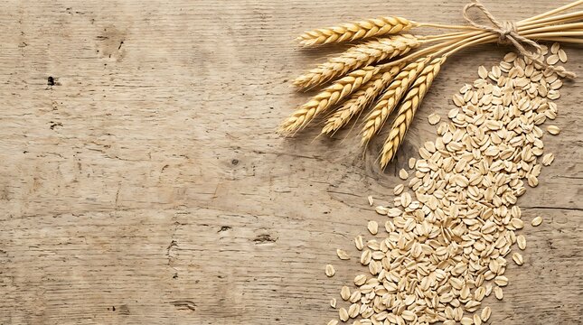 Rolled oats and a bundle of dried wheat stalks arranged on a rustic, weathered wooden surface with visible grain texture and knots