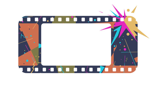Creative retro film strip frame is embellished with colorful abstract shapes and a bright starburst in the corner.