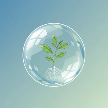 Sprouting green plant with roots inside clear glass sphere on blue background
