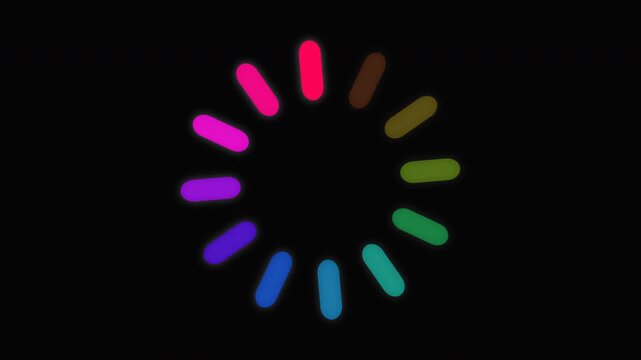 Colorful loading icon spinning on black background. Digital progress circle animation.