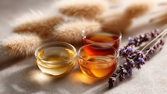 Natural extracts and essential oils in small glass bowls, highlighting organic ingredients for aromatherapy, skincare, and healthy lifestyle concepts
