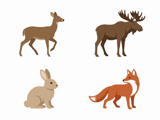 Naklejka premium Collection of four illustrated woodland animals including a deer a moose a rabbit and a fox in a natural setting