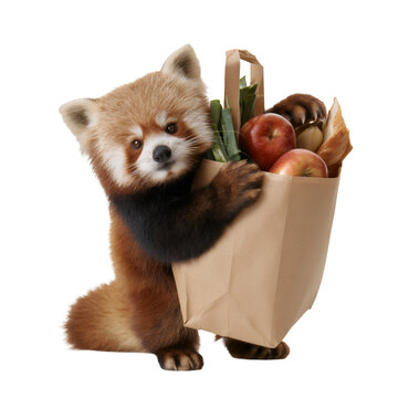 Cute red panda holding a grocery bag filled with fresh food isolated on white background