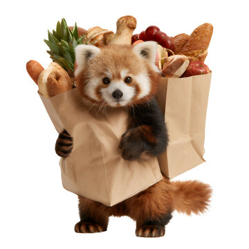 Cute red panda holding a grocery bag filled with fresh food isolated on white background