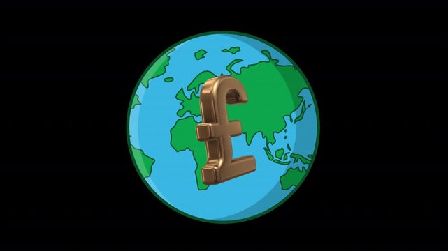Animated 3D British Pound symbol rotating with a spinning globe on a transparent background. Seamless 6-second loop for UK finance, banking, forex, investment, trade, and business videos.