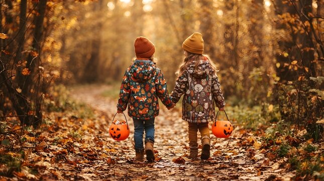 Two young children holding hands walking through an autumn forest with pumpkin buckets